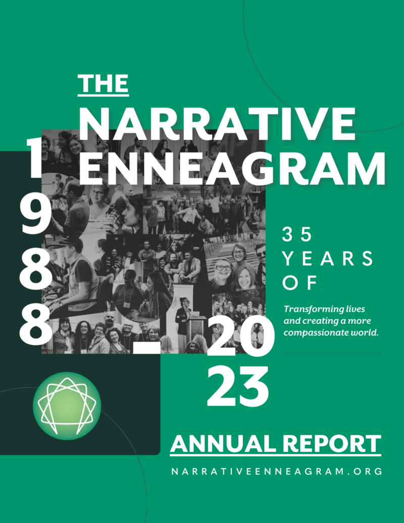 The Narrative Enneagram 2023 Annual Report cover has a green background with a black and white collage of photos throughout the years